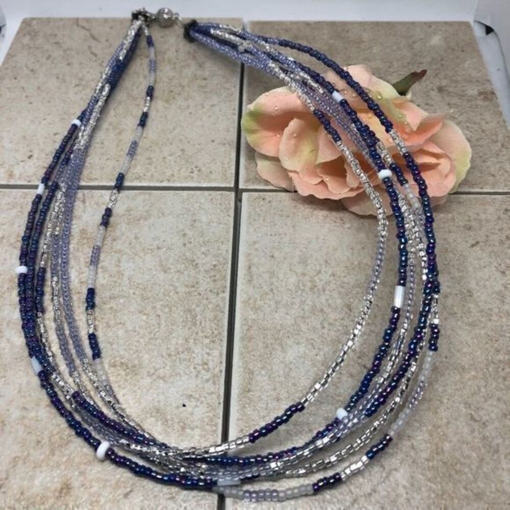 17" Purple and Crystal Seed Bead Multi strand Choker